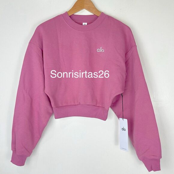 Alo Yoga Cropped Accolade Crew Neck Pullover Sweatshirt - Pink Wild Rose Size XS